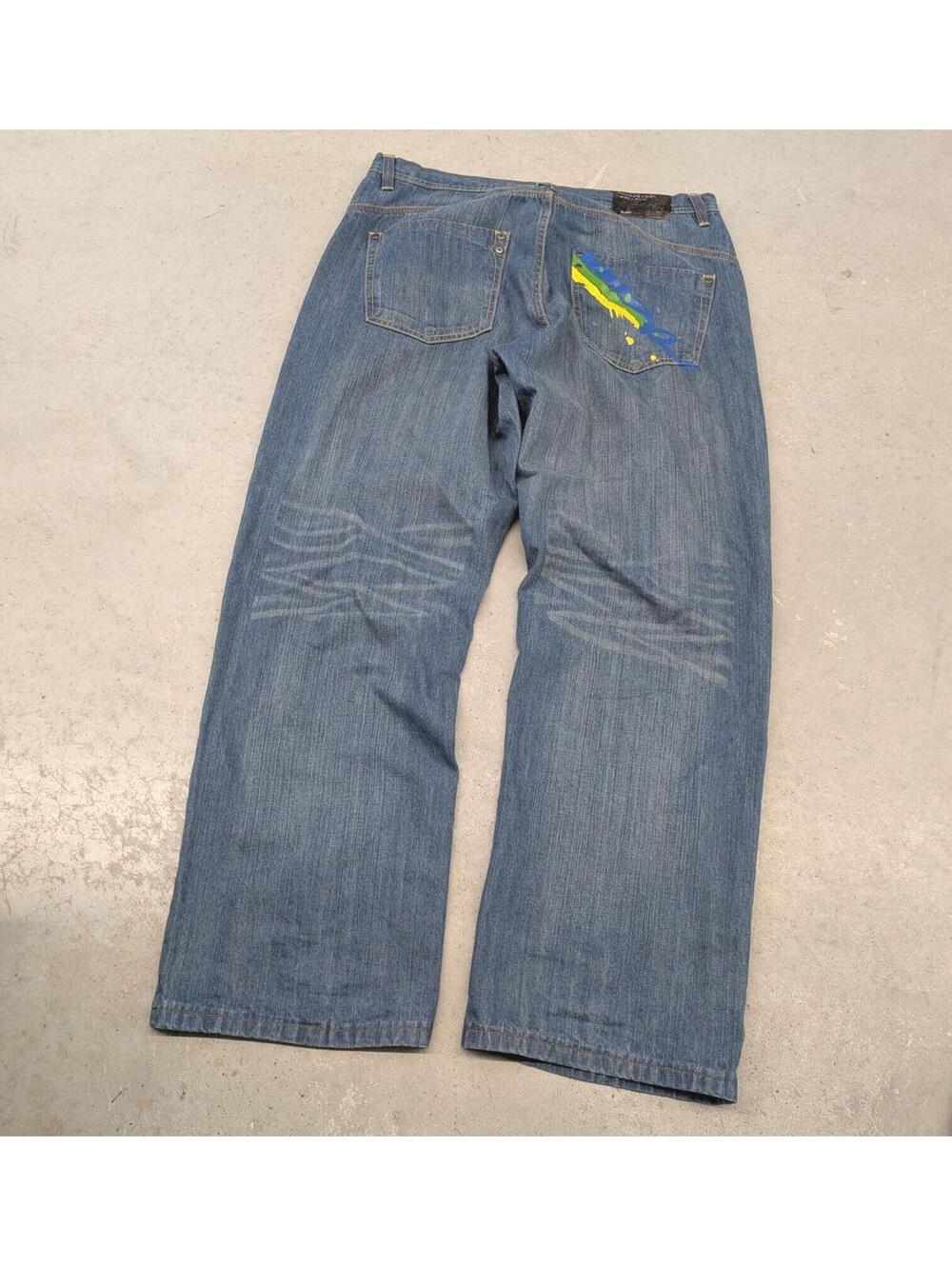 Y2k RocaWear Baggy Wide Leg Paint Logo Blue Denim Jeans